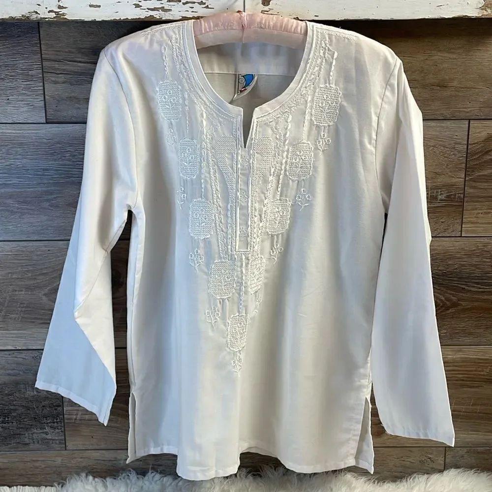 Boho Cottagecore Embroidered Peasant Style Cotton Blend White Blouse Top